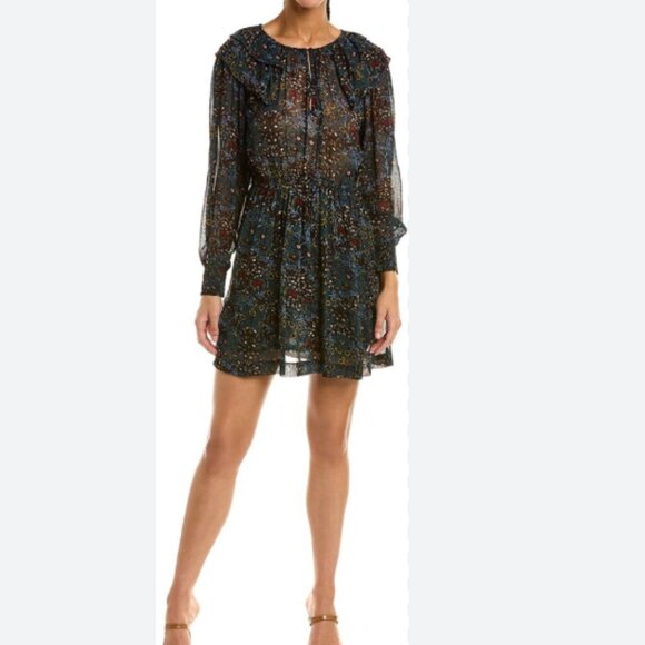 BA&SH Presley Long Sleeve Mini Dress Night Blue Floral Size EU 0 US XS NWT - Picture 3 of 11